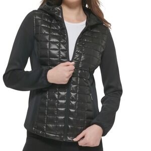 GUESS Black Quilted Hooded Puffer Jacket Full Zip Women's XL fitted winter y2k